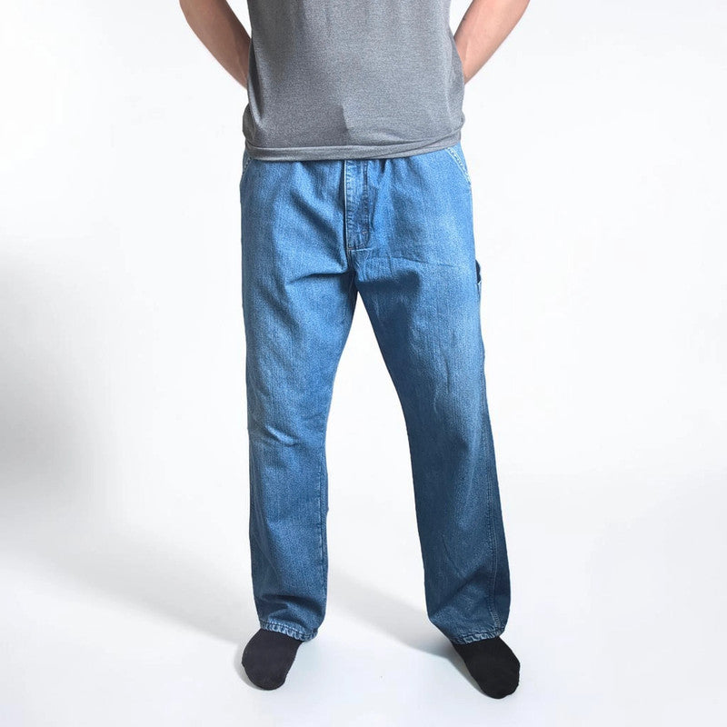 Wrangler blue straight jeans fleece lined with utility pockets and light wear.