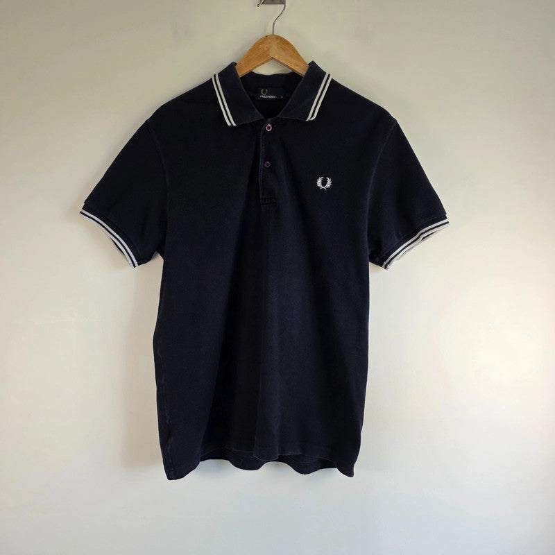Fred Perry Twin Tipped Polo Shirt Navy Blue Cotton Logo Polo Men's Size M Mod Terrace