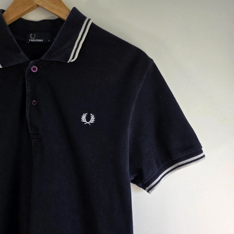 Fred Perry Twin Tipped Polo Shirt Navy Blue Cotton Logo Polo Men's Size M Mod Terrace