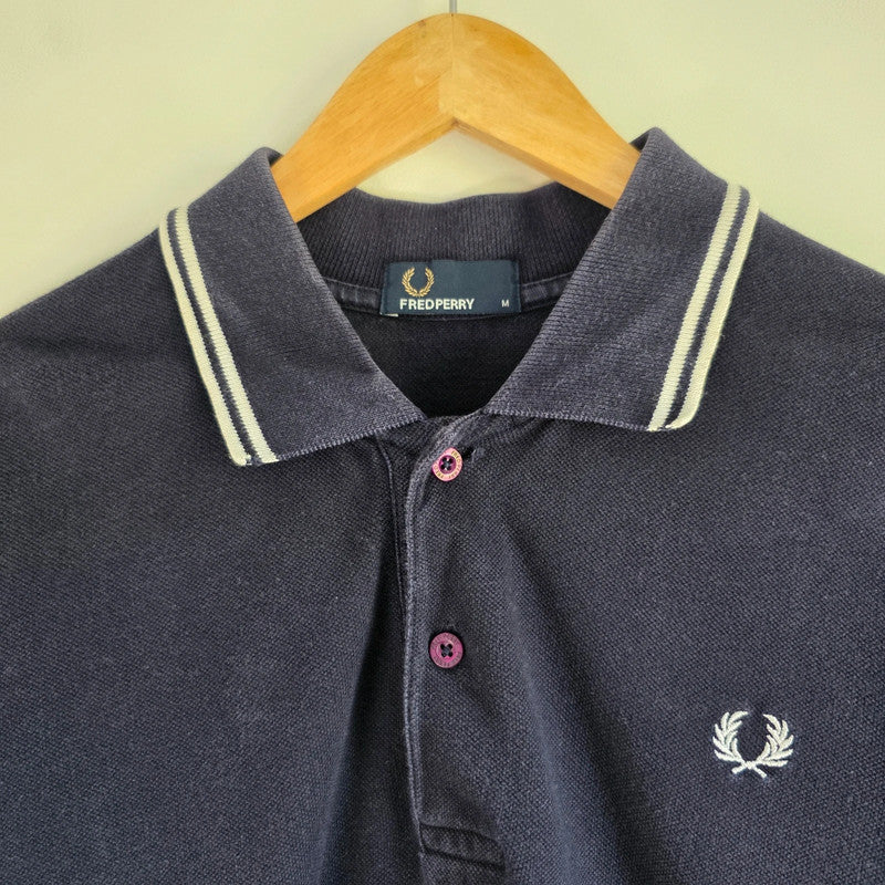 Fred Perry Twin Tipped Polo Shirt Navy Blue Cotton Logo Polo Men's Size M Mod Terrace