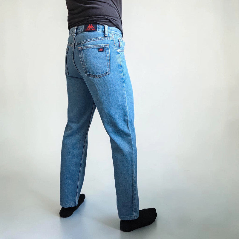Robe Di Kappa blue straight jeans with vintage logo patch and cotton material.