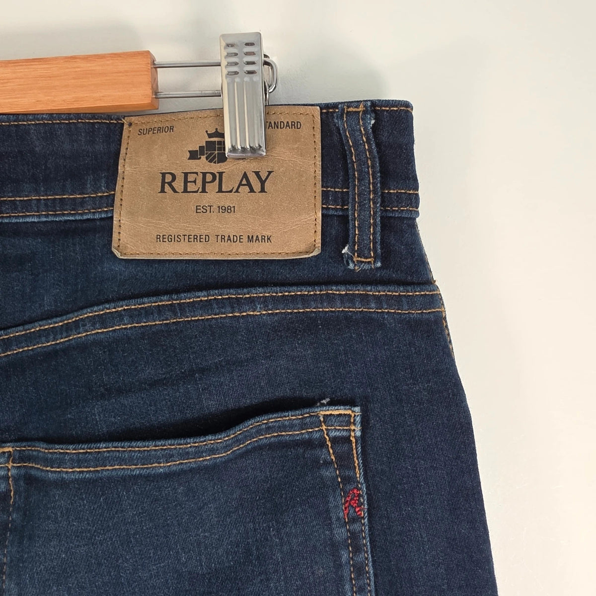 Replay straight leg jeans dark indigo blue stretch denim with embroidered back pockets.