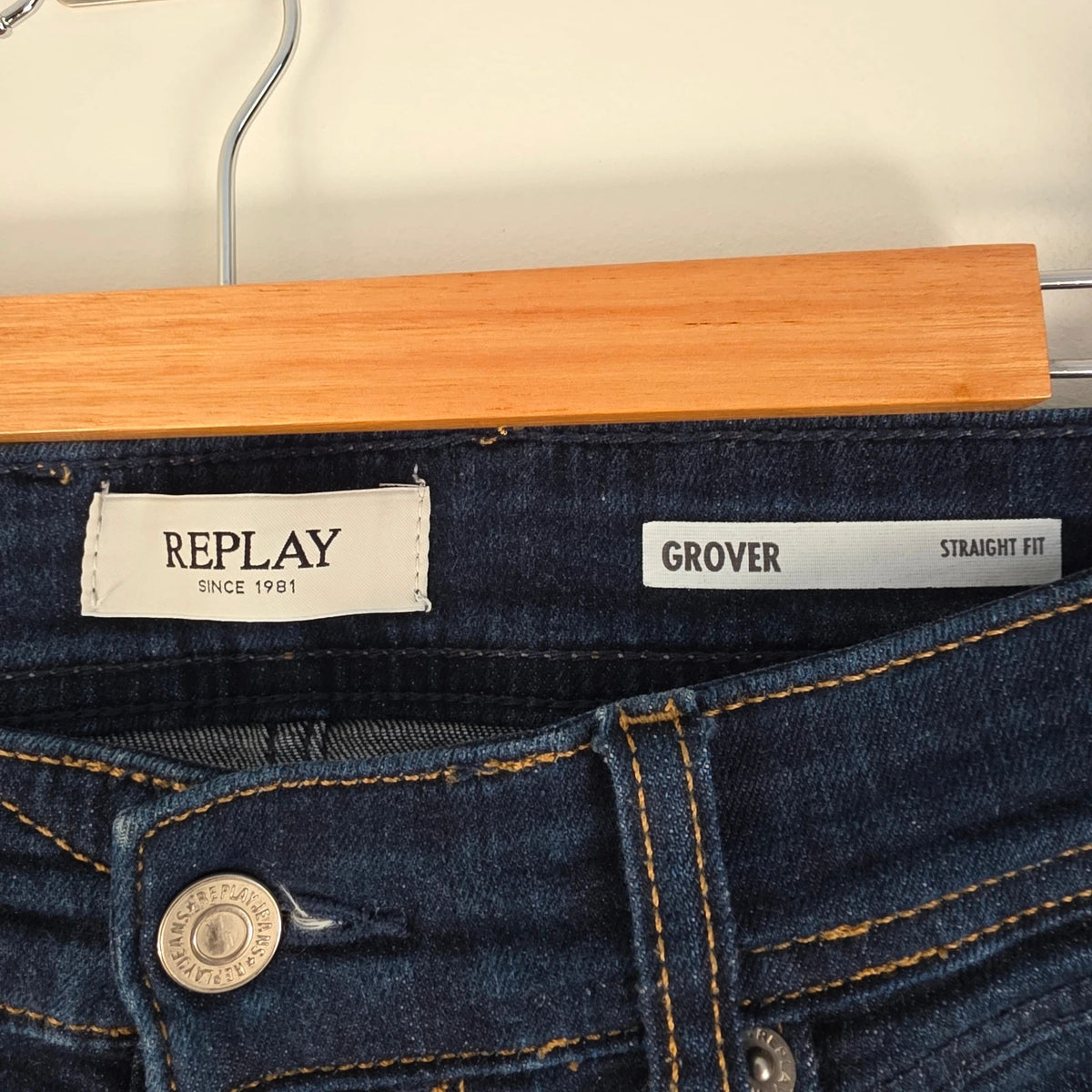 Replay straight leg jeans dark indigo blue stretch denim with embroidered back pockets.