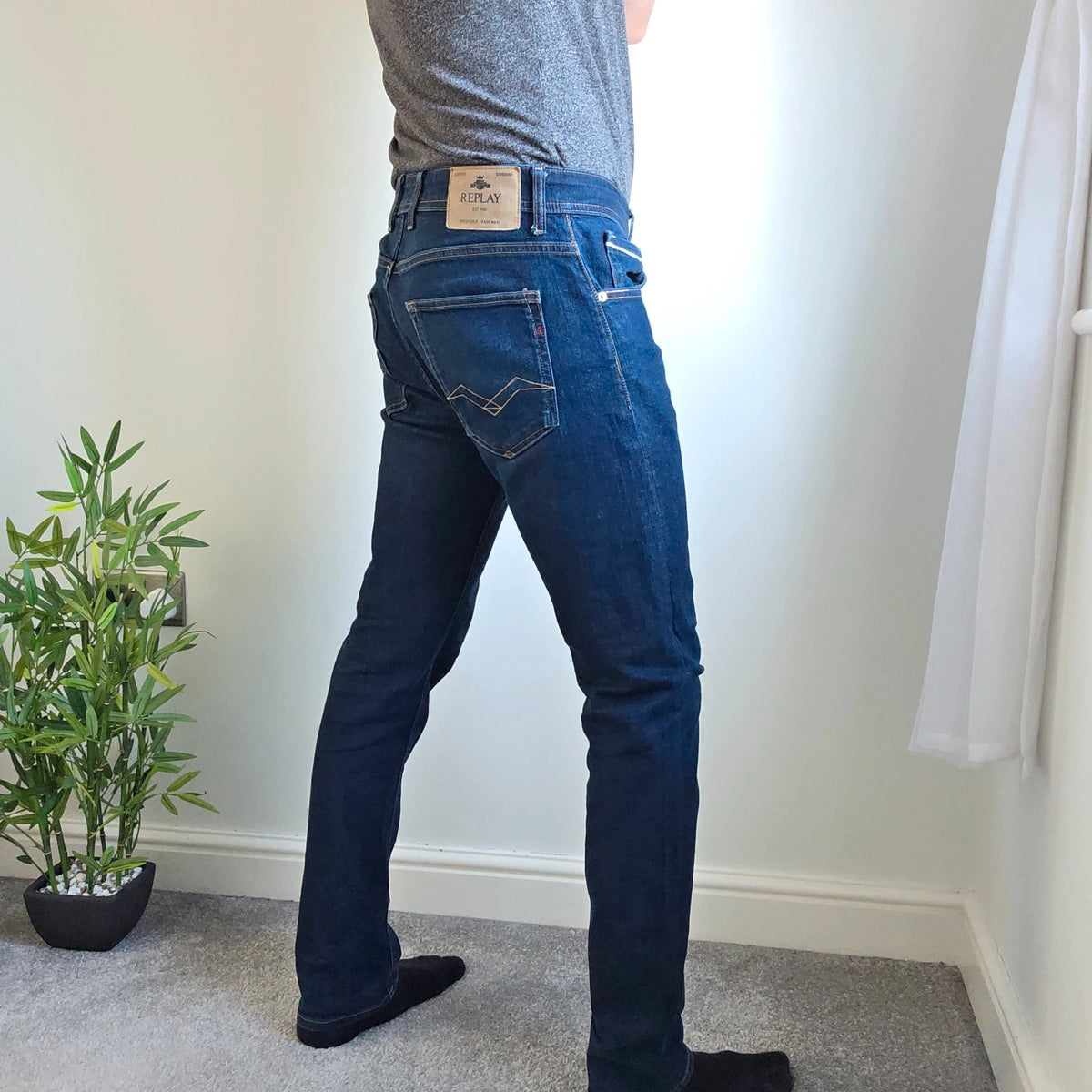 Replay straight leg jeans dark indigo blue stretch denim with embroidered back pockets.