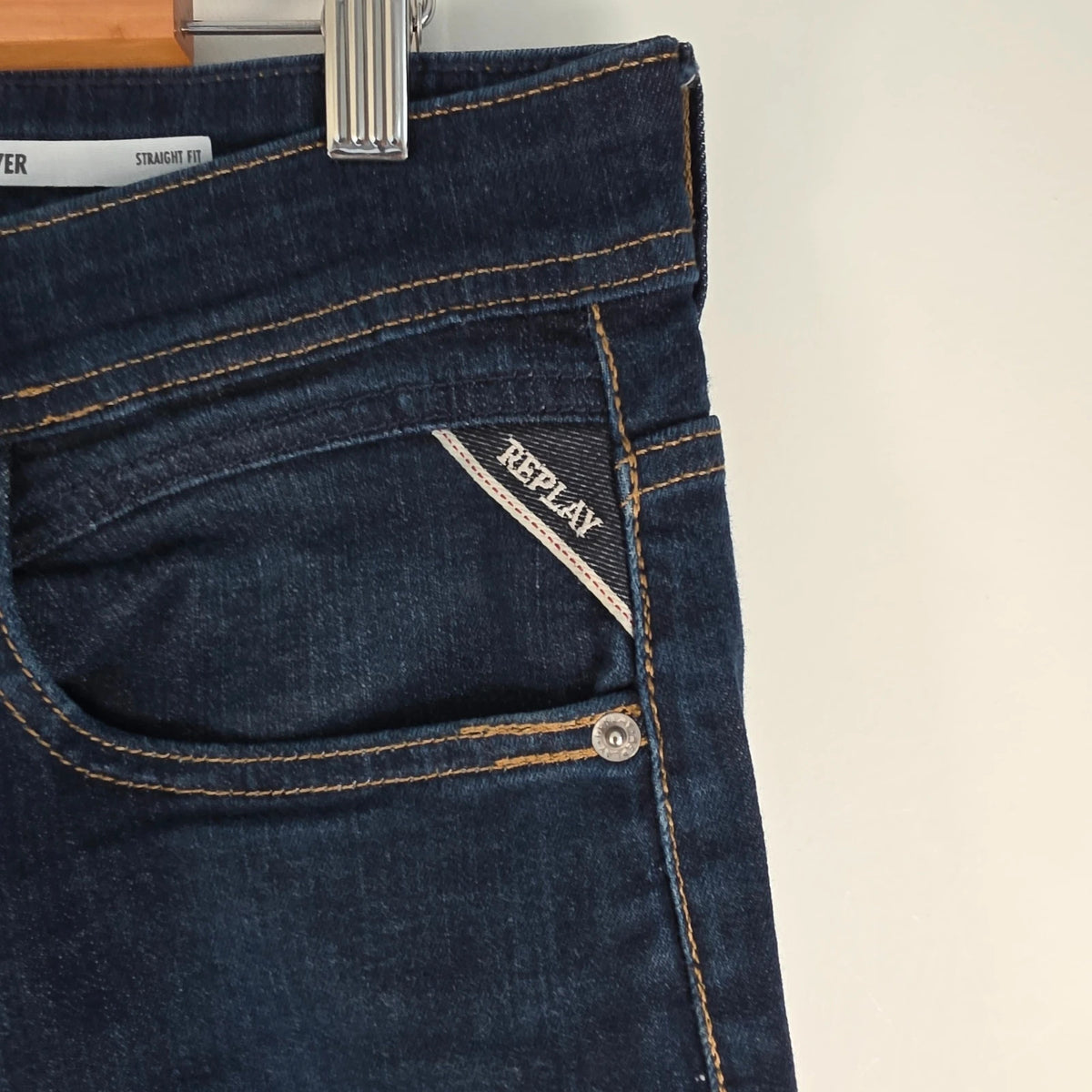 Replay straight leg jeans dark indigo blue stretch denim with embroidered back pockets.