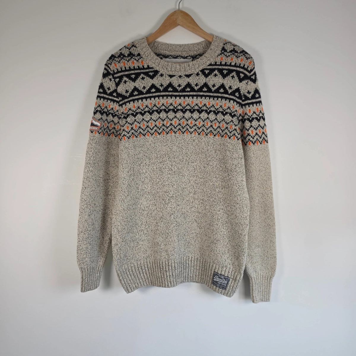 Superdry cream Fair Isle knit jumper with navy and orange Nordic pattern, crewneck.