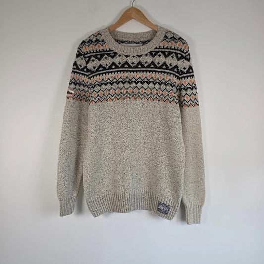 Superdry cream Fair Isle knit jumper with navy and orange Nordic pattern, crewneck.
