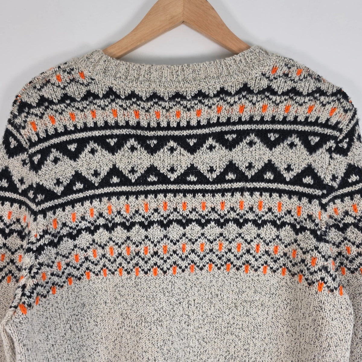 Superdry cream Fair Isle knit jumper with navy and orange Nordic pattern, crewneck.