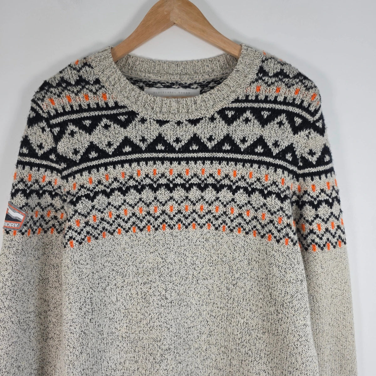 Superdry cream Fair Isle knit jumper with navy and orange Nordic pattern, crewneck.