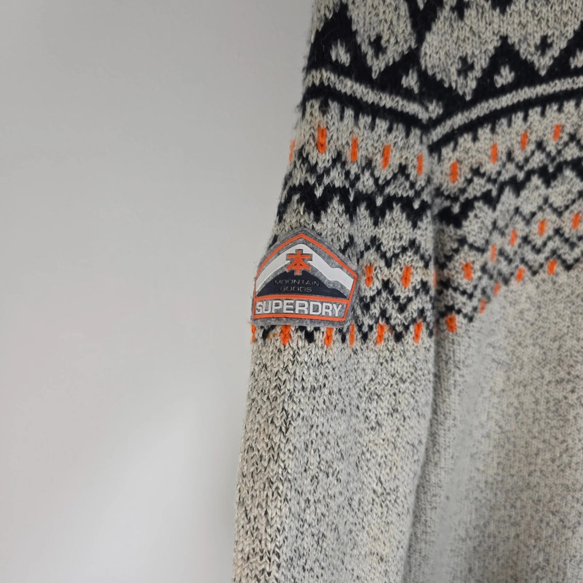 Superdry cream Fair Isle knit jumper with navy and orange Nordic pattern, crewneck.