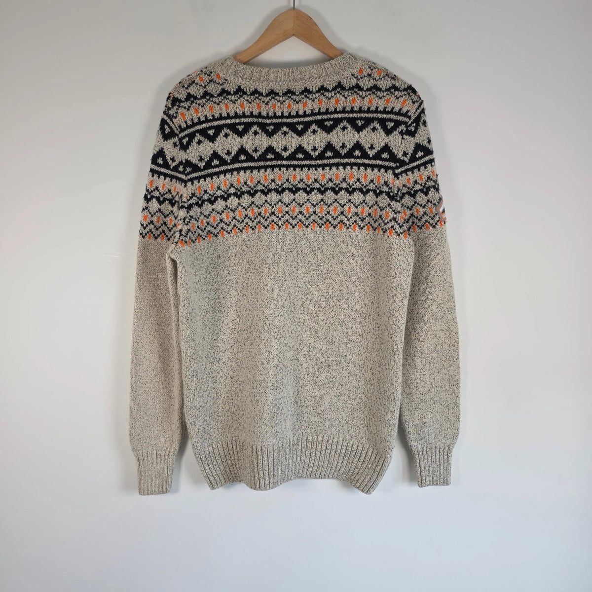 Superdry cream Fair Isle knit jumper with navy and orange Nordic pattern, crewneck.