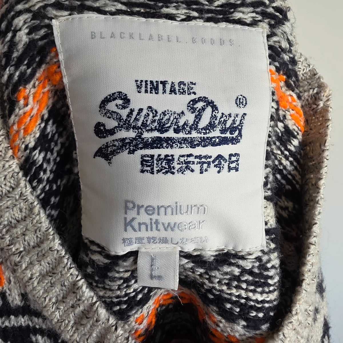 Superdry cream Fair Isle knit jumper with navy and orange Nordic pattern, crewneck.