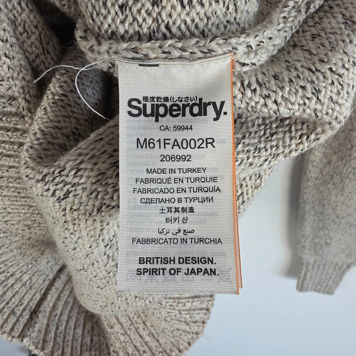 Superdry cream Fair Isle knit jumper with navy and orange Nordic pattern, crewneck.
