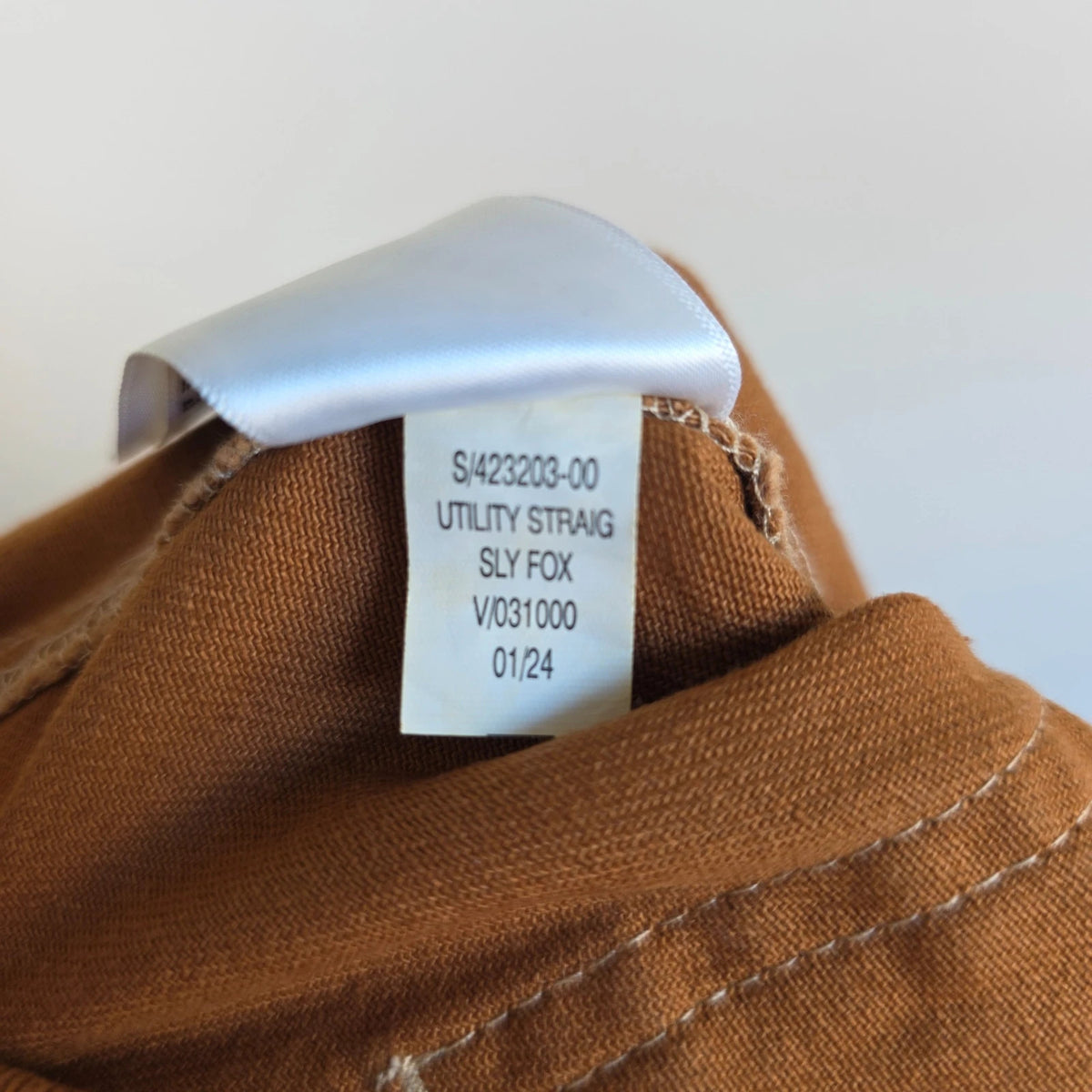 Old Navy brown straight jeans with utility details, contrast stitching, and hammer loop.