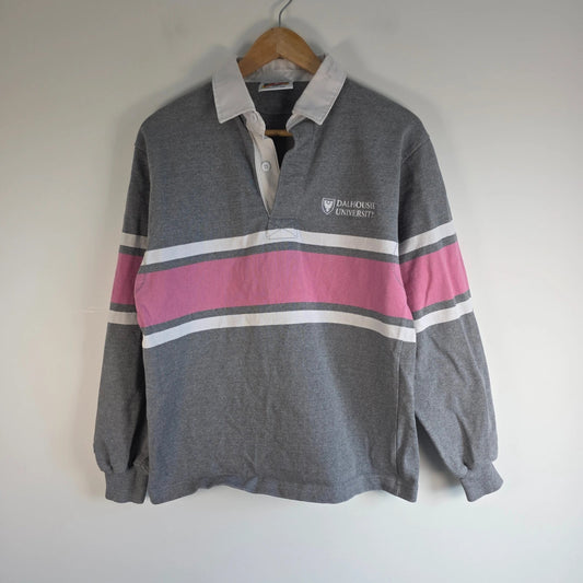 Barbarian Rugby Wear grey and pink rugby polo with Dalhousie University logo, 100% cotton.