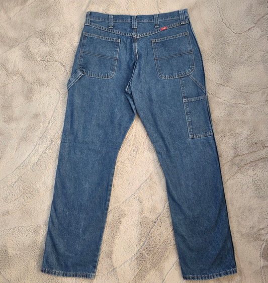 Wrangler carpenter straight leg blue denim jeans W34 L34 made in Nicaragua workwear
