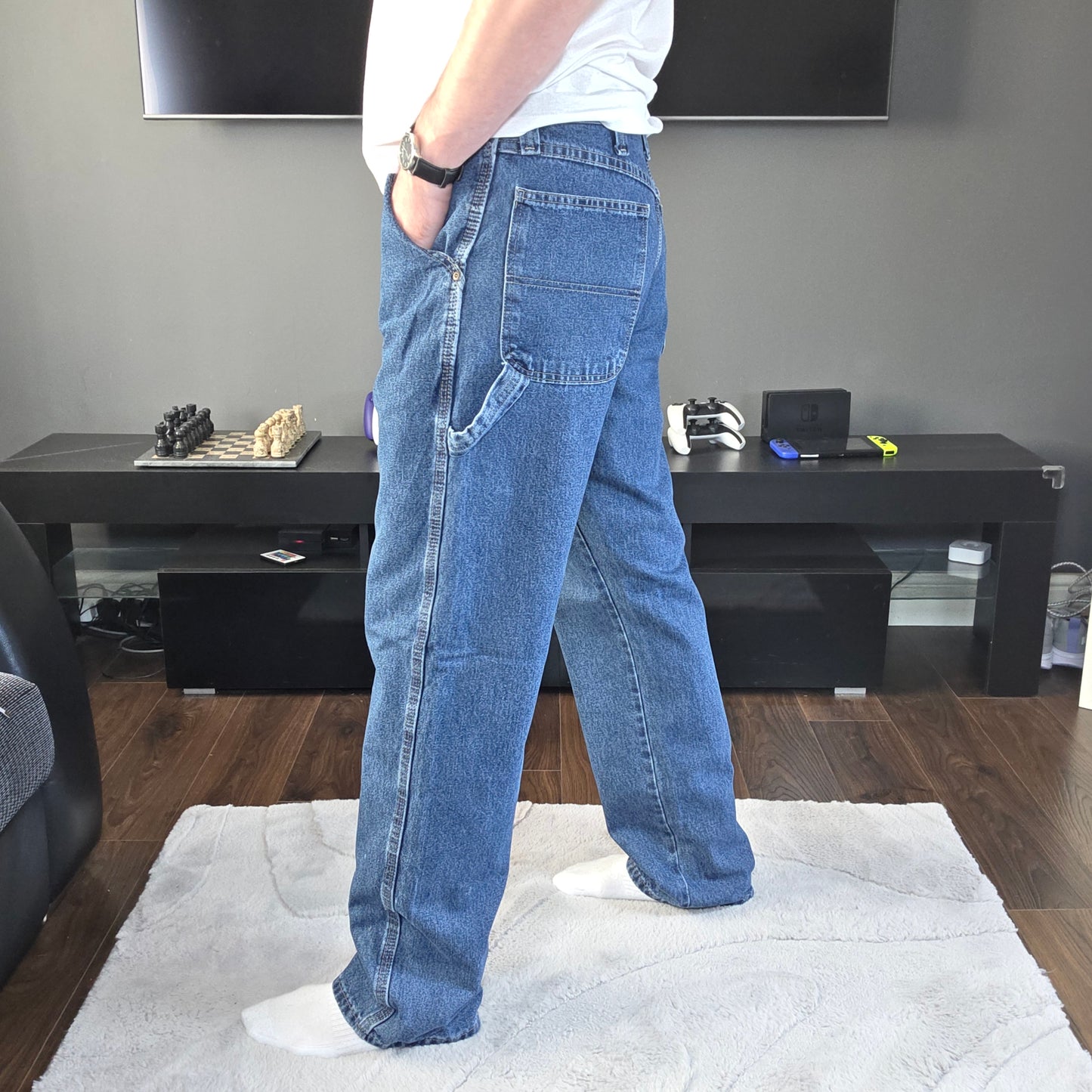 Wrangler carpenter straight leg blue denim jeans W34 L34 made in Nicaragua workwear