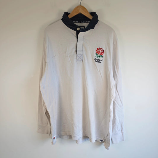 England Rugby white long sleeve polo shirt with rose logo and rugby jersey style.