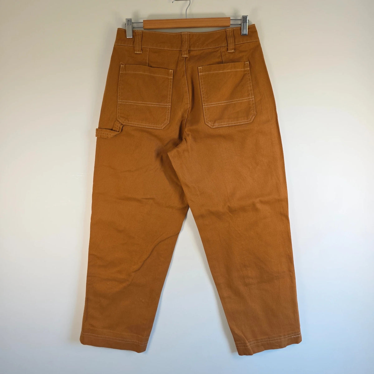 Old Navy brown straight jeans with utility details, contrast stitching, and hammer loop.