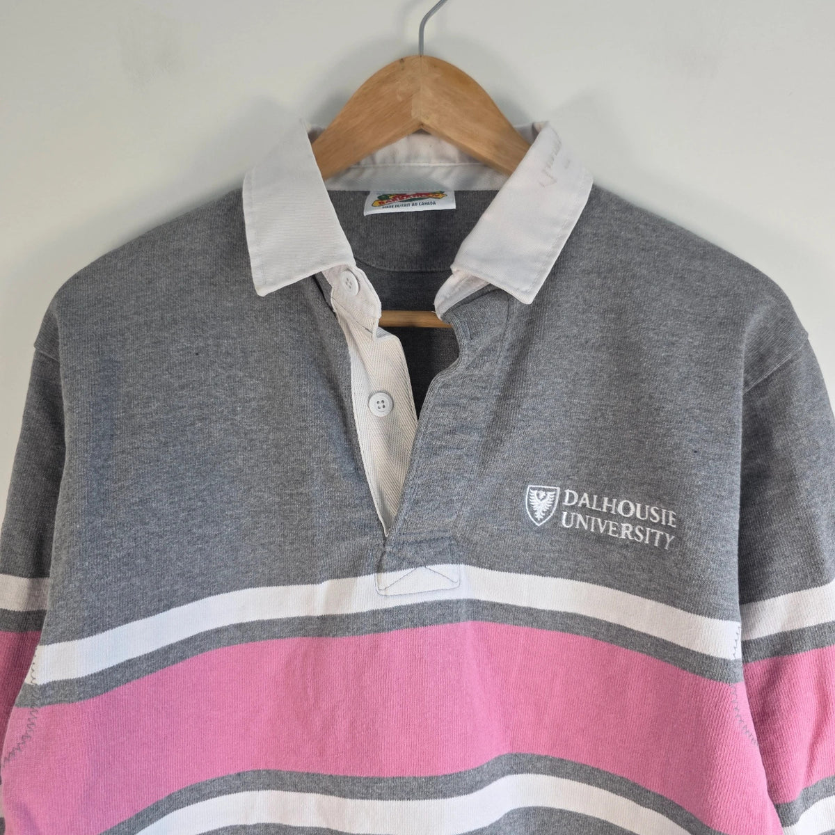 Barbarian Rugby Wear grey and pink rugby polo with Dalhousie University logo, 100% cotton.