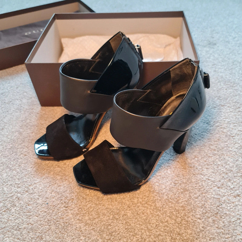 Gucci Black Suede Strappy High Heels with Open Toe Size 4.5
