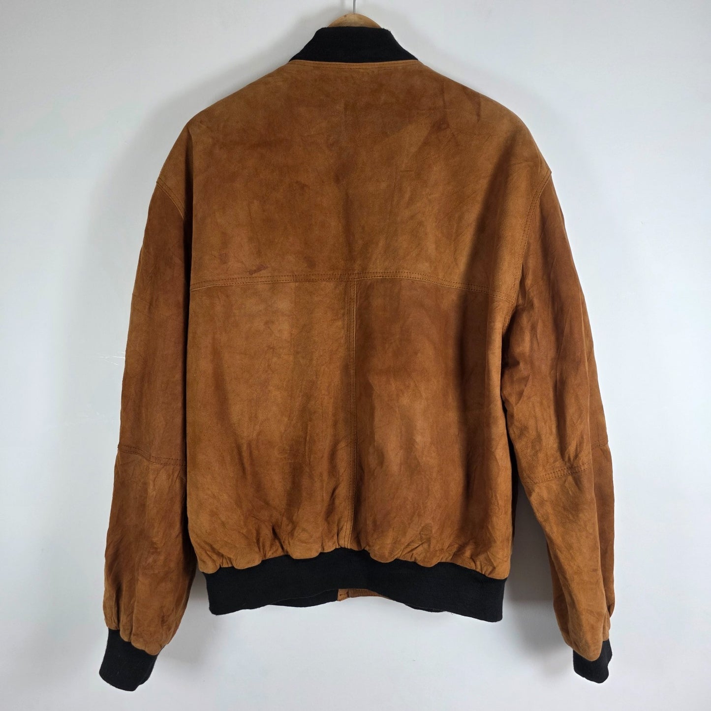 Vintage Suede Bomber Jacket Brown Mens S Leather Classic Ribbed Hem