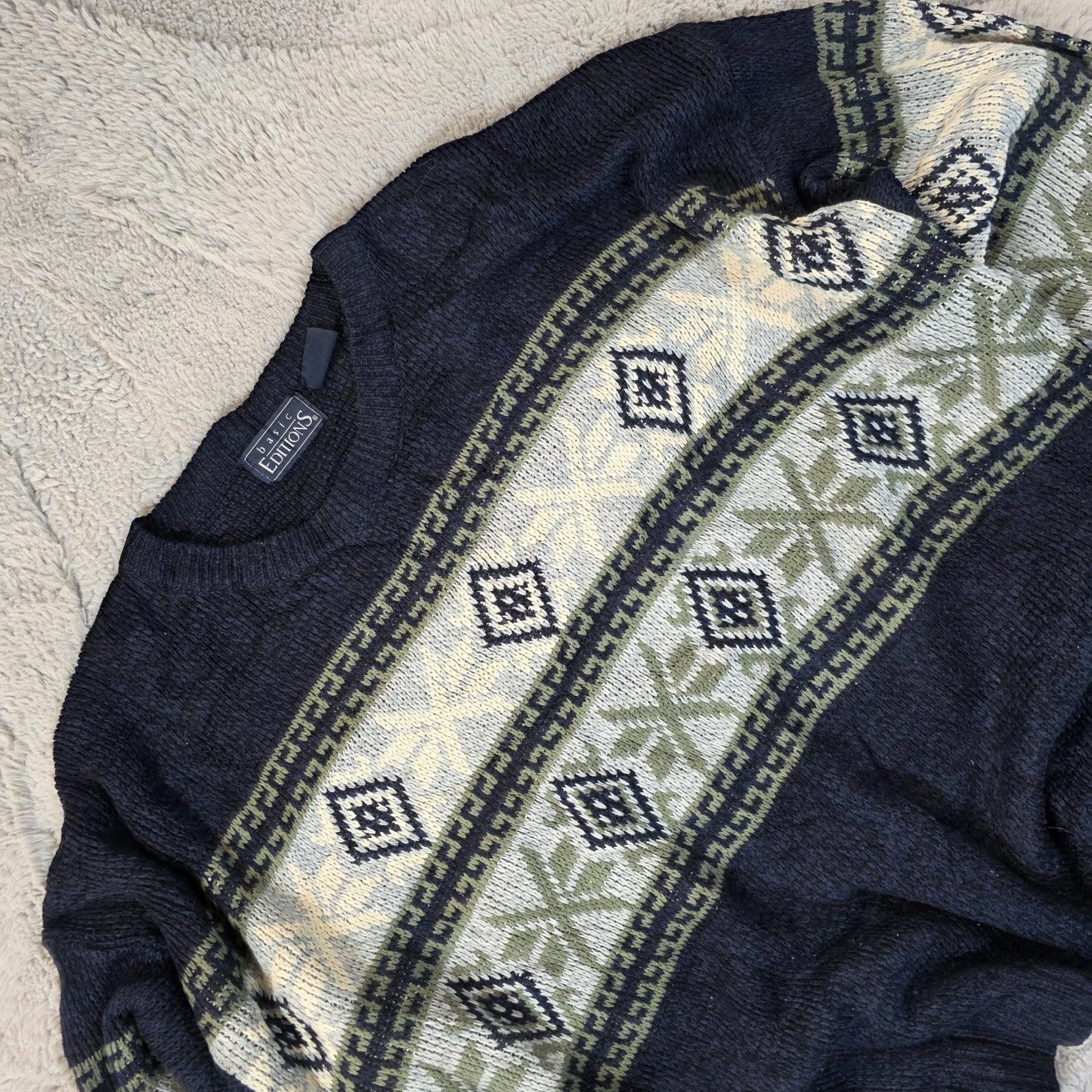 Vintage Basic Editions Patterned Knit Sweater Men’s Large Retro Pullover