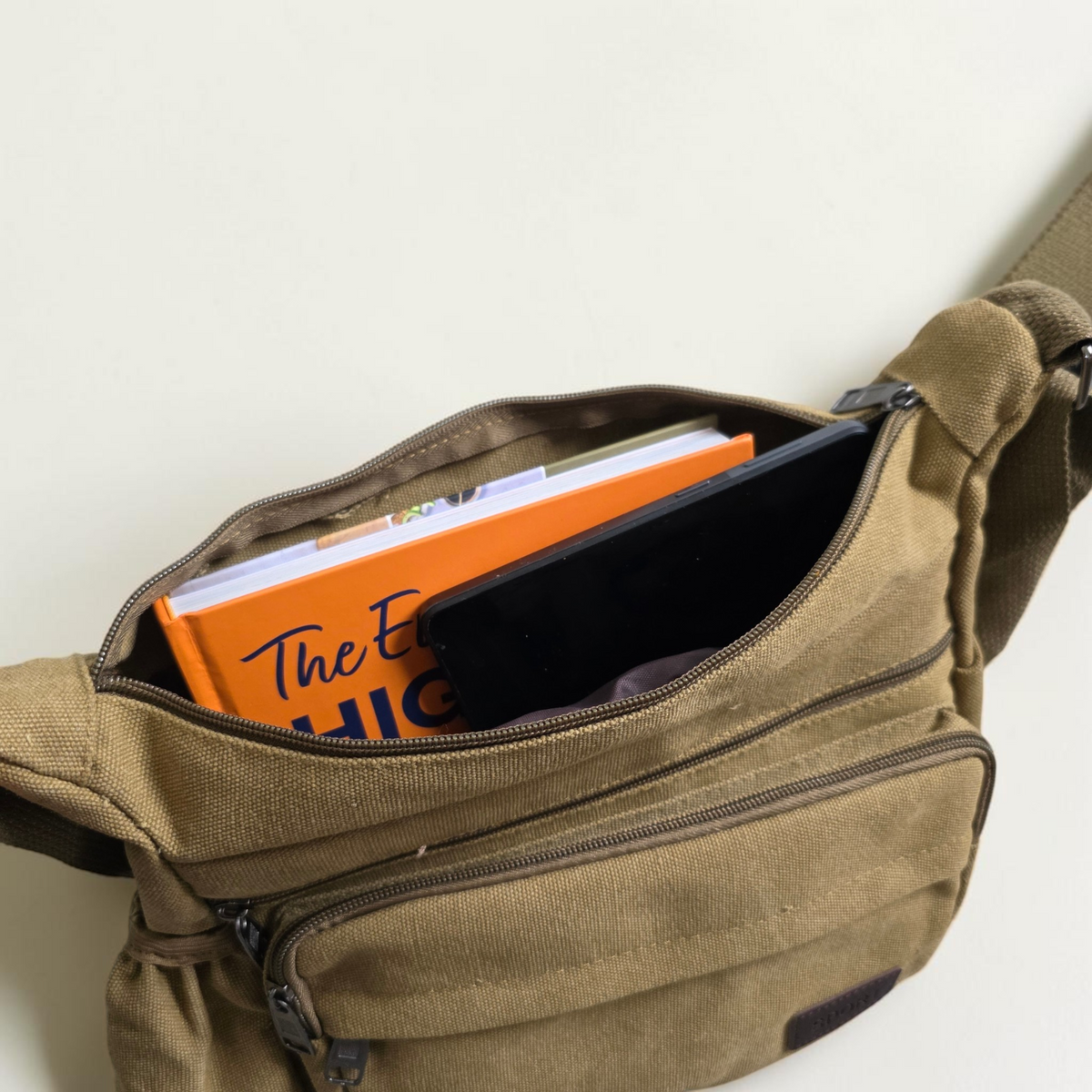 Unbranded multi pocket canvas crossbody bag with adjustable strap and various colors.