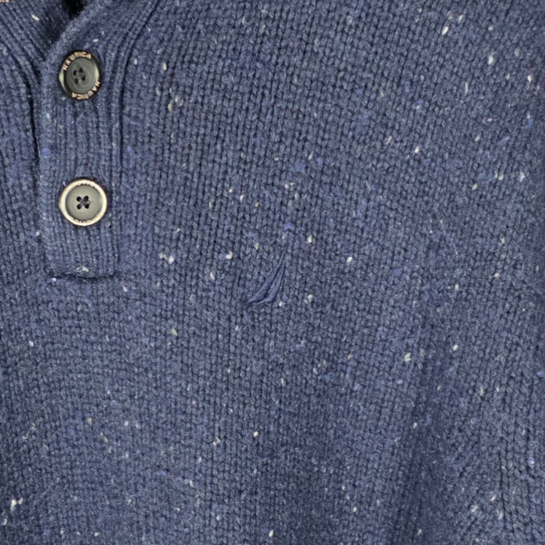 Nautica Button Neck Jumper XL Blue Fleck Knit Wool Blend Men’s Pullover