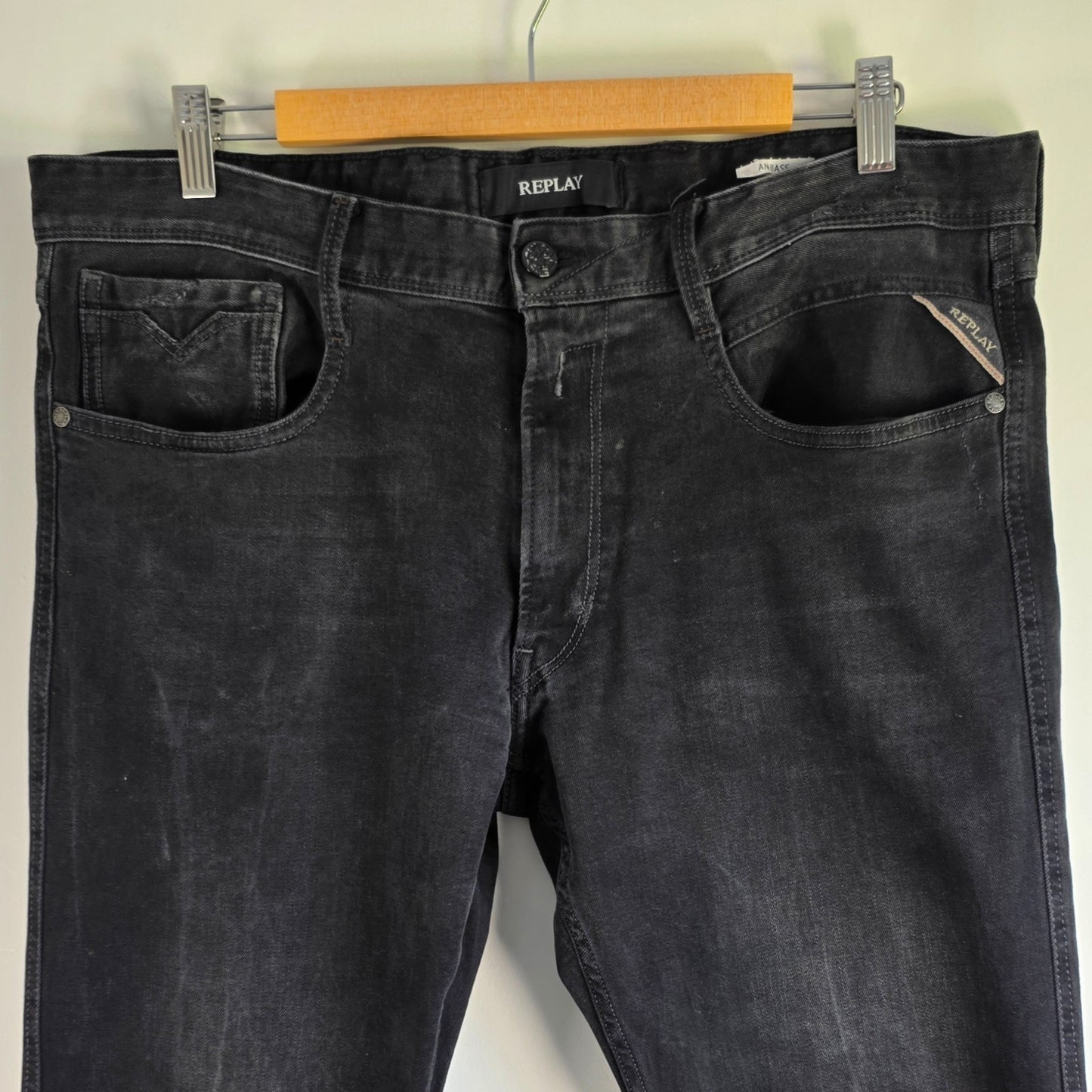 Replay Anbass Jeans Mens W36 L32 Black Stretch Denim Slim Fit Designer