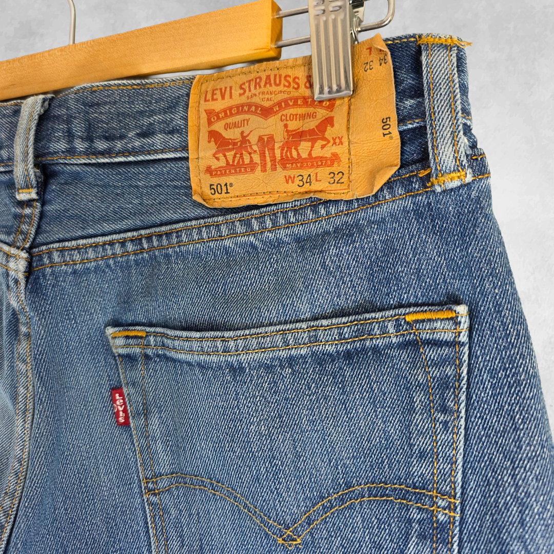 Levis 501 Jeans Mens W31 L30 (Tag W34 L32) Blue Straight Leg Denim Button Fly