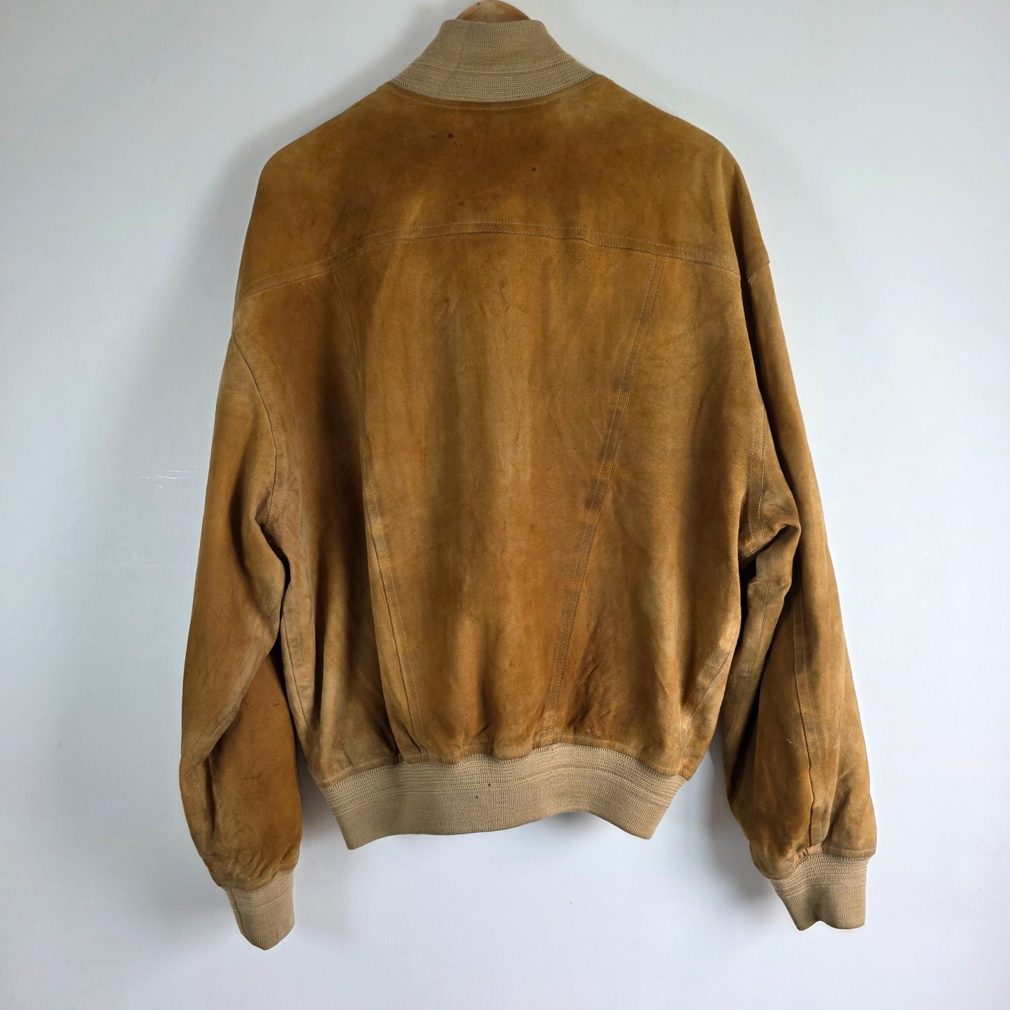 Vintage Suede Bomber Jacket Beige Mens L EU 50 Leather Classic Ribbed