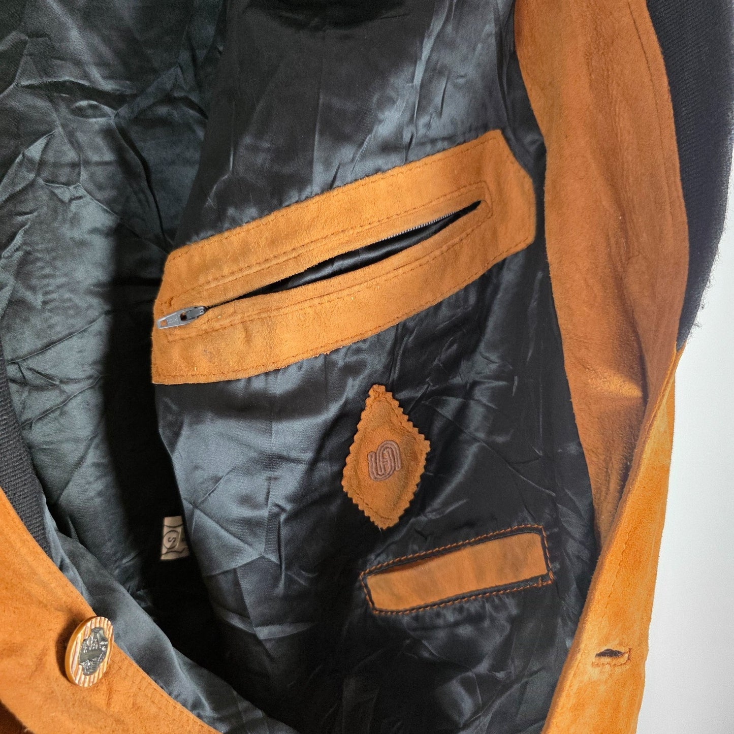 Vintage Suede Bomber Jacket Brown Mens S Leather Classic Ribbed Hem