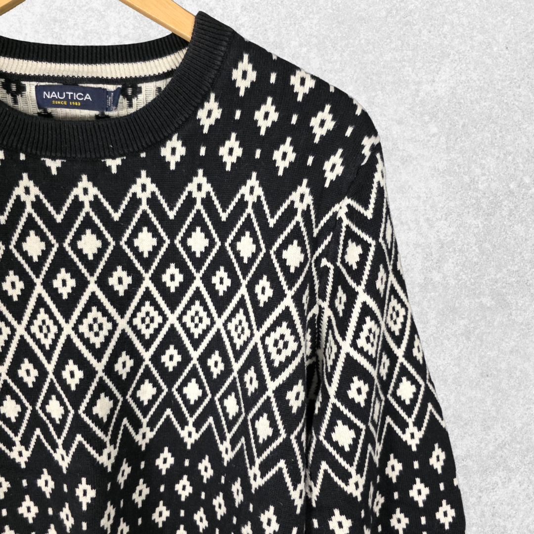 Nautica Geometric Knit Jumper Mens M Black Cream Cotton Crew Neck Pullover