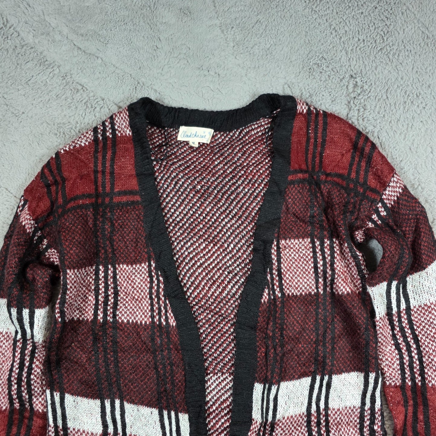 Cloud Chaser Plaid Knit Cardigan Women’s M Burgundy Check