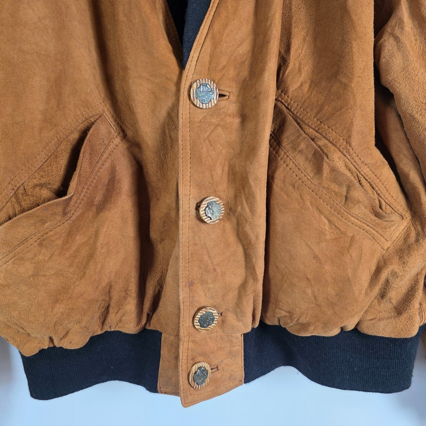 Vintage Suede Bomber Jacket Brown Mens S Leather Classic Ribbed Hem