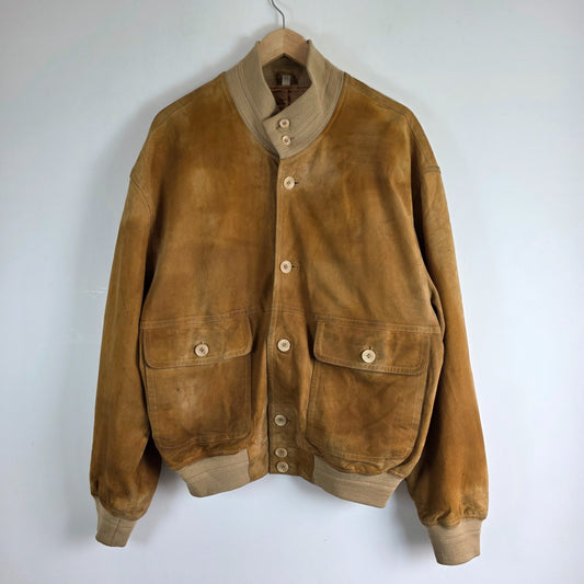 Vintage Suede Bomber Jacket Beige Mens L EU 50 Leather Classic Ribbed