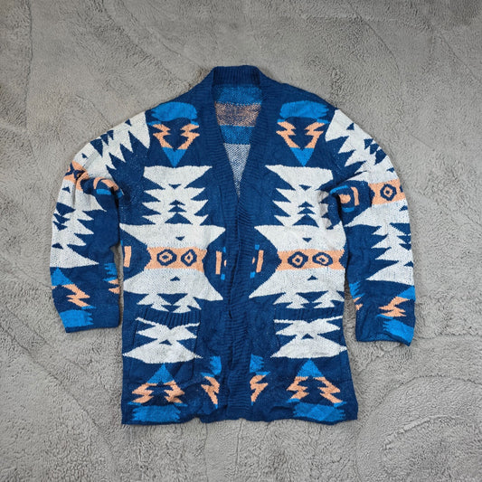 Vintage Aztec Pattern Knit Cardigan Women’s M L Blue Geometric
