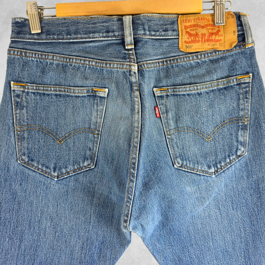 Levis 501 Jeans Mens W31 L30 (Tag W34 L32) Blue Straight Leg Denim Button Fly