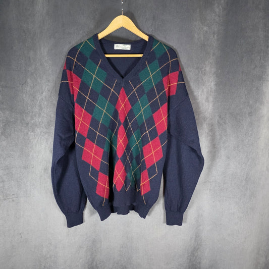 Vintage St Michael Marks & Spencer Argyle Lambswool Jumper M Navy V Neck