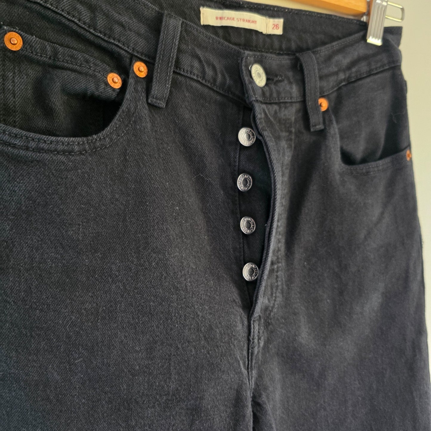 Levi's Ribcage Straight Jeans W27 L27 Black High Rise Women's Denim Trousers