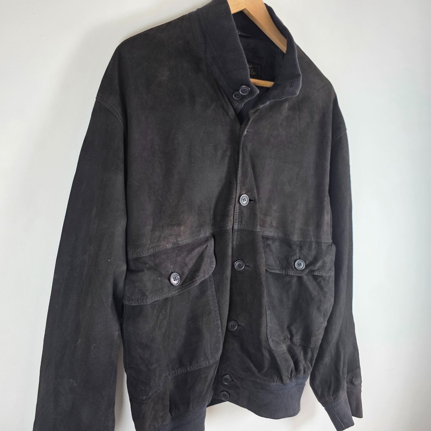 Vintage Italian Suede Bomber Jacket Black Mens L Vera Pelle Leather Classic
