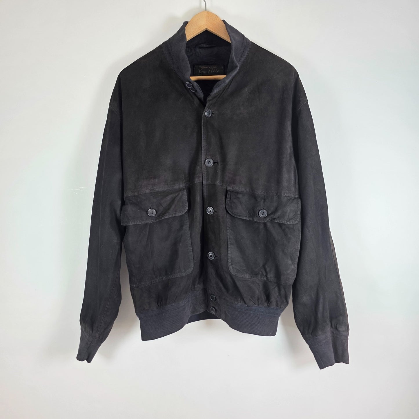Vintage Italian Suede Bomber Jacket Black Mens L Vera Pelle Leather Classic