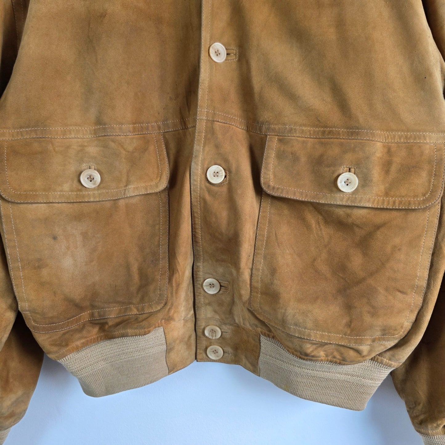 Vintage Suede Bomber Jacket Beige Mens L EU 50 Leather Classic Ribbed