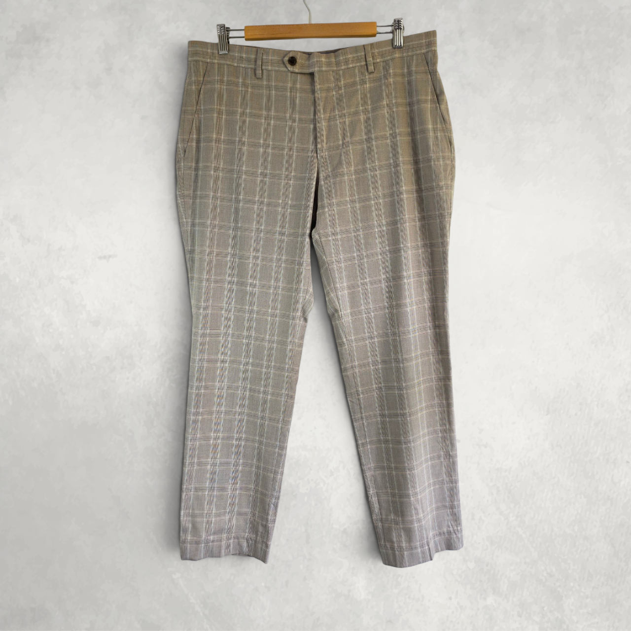 Tommy Hilfiger Men’s Check Smart Trousers W36 L30 Beige Slim Tailored Office