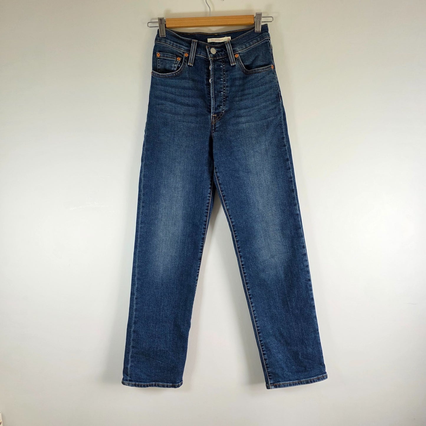 Levi's Ribcage Straight Jeans Women's W24 L30 Blue High Rise Stretch Denim Butto