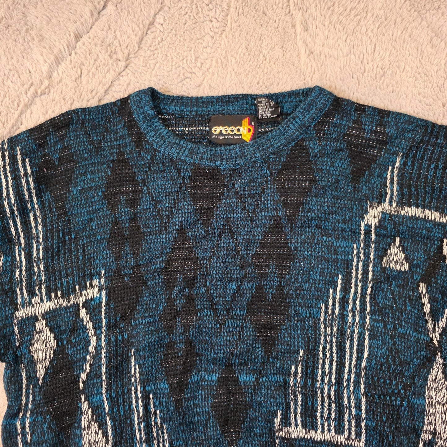 Vintage Sasson Patterned Sweater Men’s L Blue Retro 90s Knit Jumper