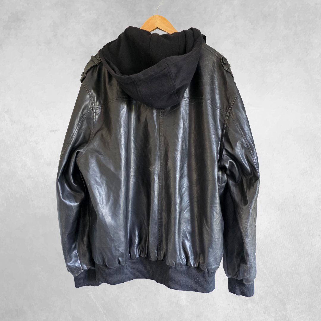 Buffalo David Bitton Faux Leather Jacket Hoodie Black XL Biker Men's