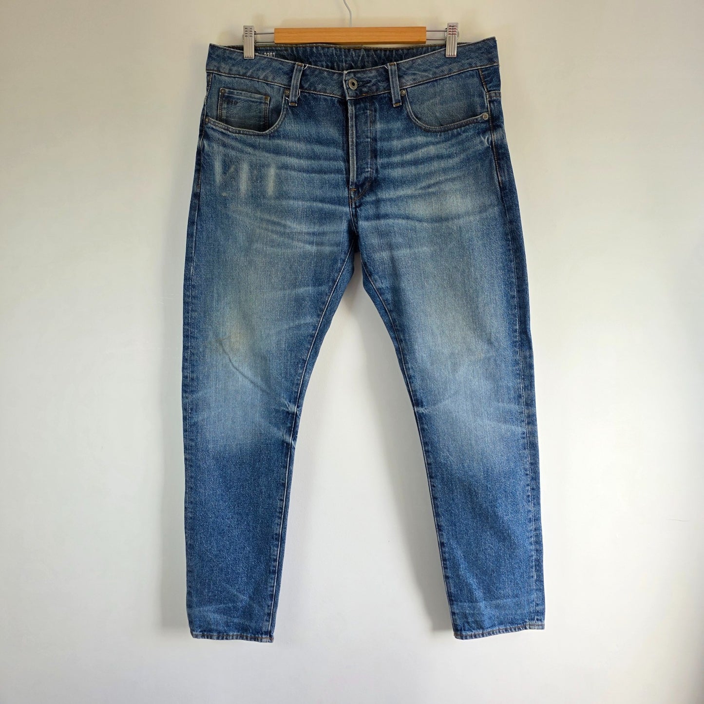 G-Star RAW 3301 Slim Jeans W36 L31 Blue Button Fly Denim Mens Casual