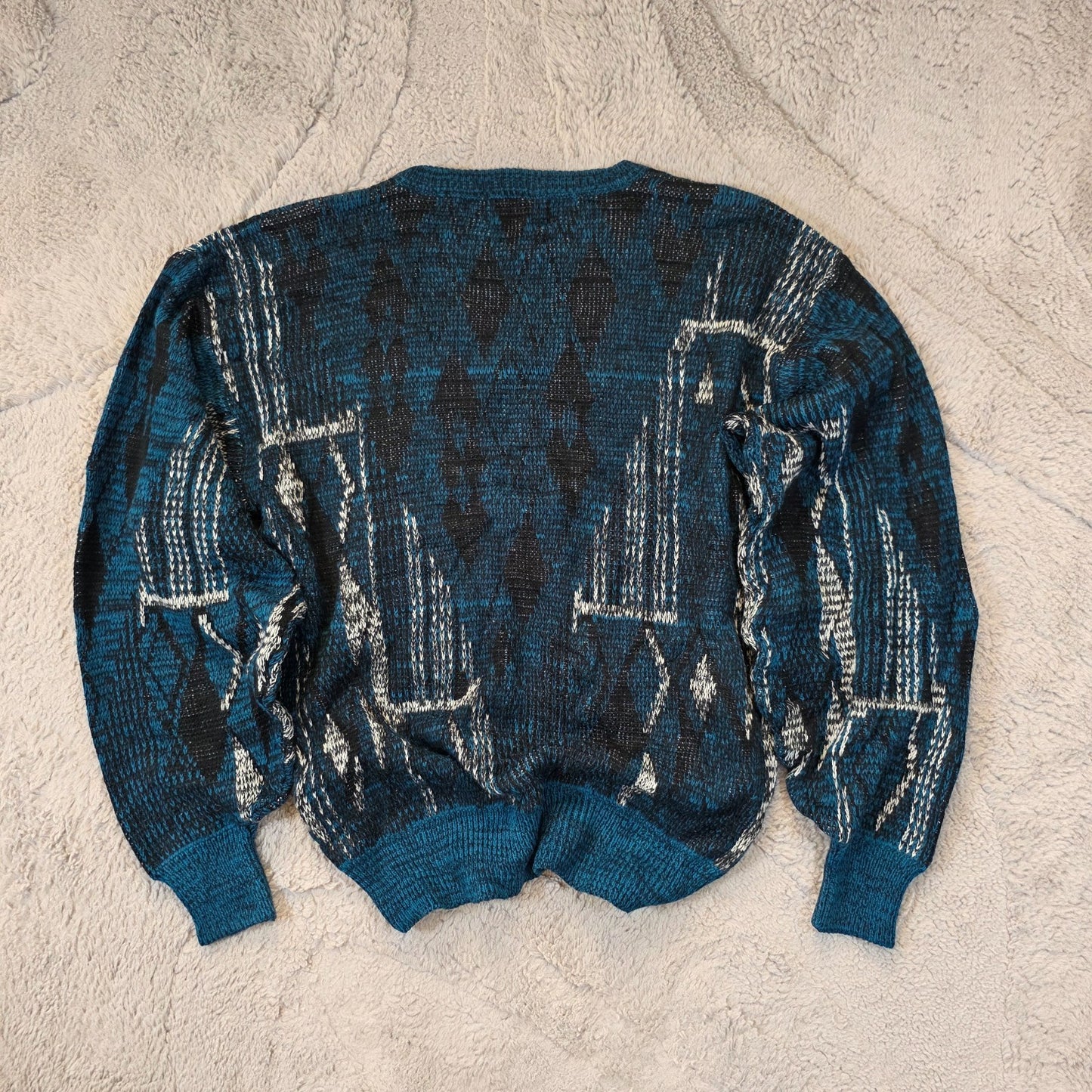 Vintage Sasson Patterned Sweater Men’s L Blue Retro 90s Knit Jumper